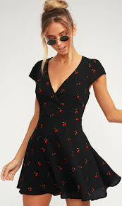 Best Day Ever Black Cherry Print Skater Dress Mini Black Dress Fashion Casual Dresses