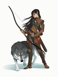 F Wood Elf Ranger Leather Armor Longbow Sword M Wolf Druid Conifer Forest Hills Mountains Rough Plains Steppe 7th Lvl Drew Personagens Dnd Ilustracoes D D Rpg