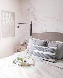 Crisp white bedding paired with a blush pink throw and blush pillows is the perfect fresh colour scheme for a romantic and bright bedroom. Modern Grey White Marble Wallpaper Anewall Mural Wallpapers