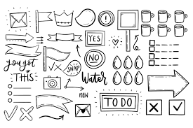 Set Of Black And White Line Doodle Icons And Lettering Cute Planner Black And White Stickers Planner Stickers