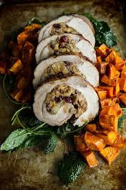 Bourbon Apple Cider Glazed Stuffed Roasted Pork Loin And Sweet Potatoes Heather Christo Pork Pork Entrees Meat Dinners