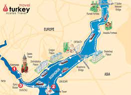 The bosporus or bosphorus, also known as the strait of istanbul, is a narrow, natural strait and an internationally significant waterway located in northwestern turkey. Top Landmarks In Istanbul Bosphorus Top Landmarks In Istanbul Bosphorus Map