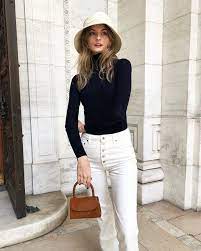 High Rise White Button Pants With A Black Turtleneck And White Bucket Hat Visit Daily Dress Me At Dailydressme C Skinny Jeans Outfit Outfits With Hats Fashion