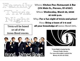 007 returns in quantum of solace and inspires us (again) to live on the edge.in style. James Bond Family Trivia Night Kitchen Pass Restaurant Bar Parsons March 25 2020 Allevents In