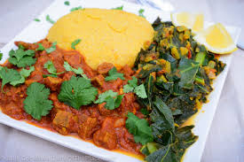 A Kenyan Meal With Beef Curry Stew Ugali And Sukuma Wiki Recipe Kenyan Food African Food Recipes