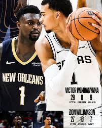wemby and zionwilliamson starred in an overtime Western Conference duel  with the Spurs taking the win! Is this a potential NBA Playoff match-up? 👀  Get your Victor Wembanyama and Zion Williamson jerseys