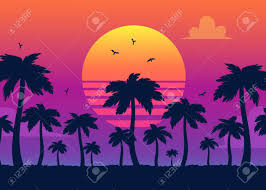 California beach sunset palm trees. Vector Purple Sunset On Background Of Palm Silhouettes California Royalty Free Cliparts Vectors And Stock Illustration Image 126714206