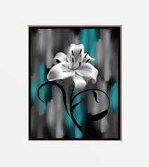 Teal Gray Wall Art Photography Modern Lily Flower Decorative Bedroom Bathroom Floral Decor Matted Picture Teal Wall Art Grey Wall Art Gray Bathroom Decor