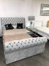 Acacia veneers, hardwood solids, fabric. Windsor Chesterfield Sleigh Style Storage Bed Love Living