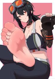 j-kisarazu, grace howard, zenless zone zero, highres, 1girl, barefoot,  black hair, crossed legs, feet, goggles, goggles on head, light blush, long  hair, looking at viewer, orange eyes, ponytail, shoes, single shoe, smile,