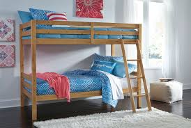 Hallytown Light Brown Twin Twin Bunk Bed W Ladder Comfort Center Furniture And Mattresses