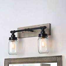 So this one is total white noise in the sea of mason jar awesomeness out there, but i'm stoked to finally have this in our house! Laluz Laluz Farmhouse Bathroom Vanity Lights Faux Wood 2 Light Mason Jar Wall Sconce Black Finish