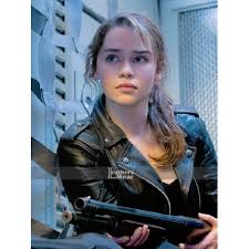 A page for describing characters: Terminator Genisys Sarah Connor Biker Black Jacket
