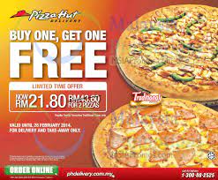 Check out pizza hut's latest offers. Pizza Hut Buy 1 Get 1 Free Delivery Takeaway Promo 22 28 Feb 2014