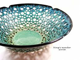 Pottery Fruit Bowl Ceramic Fruit Bowl Lace Design Large Center Piece Teal Turquoise Pottery Neals Wonder World Ceramic Fruit Bowl Pottery Ceramics