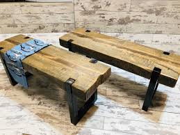 Artisan Hand Made Reclaimed 200 Year Old Solid Pine Beam Metal Leg Coffee Table Vinterior