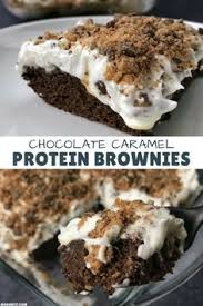 Super Simple Chocolate Caramel Protein Brownies Topped With Whipped Cream And Toffee Bits Each Browni Protein Desserts Protein Powder Recipes Protein Brownies