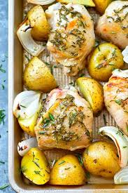 One Pan Rosemary Roast Chicken Potatoes Recipe Baked Boneless Chicken Thighs Best Chicken Recipes Rosemary Roasted Chicken