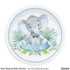 Boys Elephant Baby Shower Paper Plates Zazzle Com Baby Shower Stickers Baby Shower Paper Elephant Baby Boy