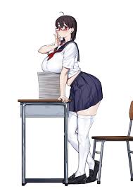 meido sushi, phara, original, highres, 1girl, adjusting eyewear, ahoge, arm  support, black hair, black shoes, blush, book, book stack, breast rest,  breasts, brown eyes, chair, closed mouth, curvy, desk, from side, full