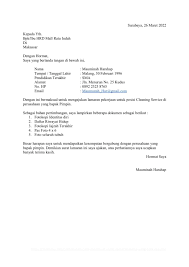 Surat lamaran kerja merupakan dokumen yang akan menjelaskan sedikit banyak tentang pelamar kerja dan mengapa mereka layak dan pantas bekerja di perusahaan yang dilamar sehingga kamu. Contoh Surat Lamaran Kerja Sebagai Cleaning Service Yang Resmi Dan Benar Matamu