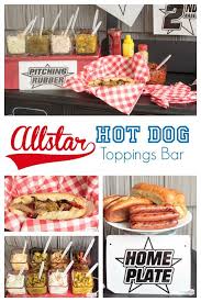 My idea for this party was a make your own hot dog and sausage bar, complete with over 30 topping this was the epic topping bar. Baseball Themed Hot Dog Toppings Bar Atta Girl Says