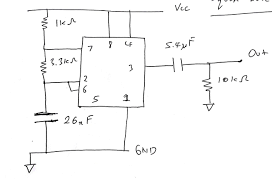 When triggered, the timer stays on until capacitor c2 charges to 2/3 the supply voltage through resistor r3 and two potentiometers, r4 and r5. 555 Timer Schematic Tex Latex Stack Exchange