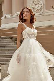 Dana Chic Wedding Dress With Corset Bodice Straps Tiered Skirt A Line Silhouette Chic Wedding Dresses Wedding Dresses Corset Aline Wedding Dress