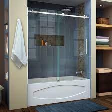 Frameless sliding shower door with handle in brushed nickel. Dreamline Enigma Air 56 In To 60 In X 62 In Frameless Sliding Tub Door In Polished Stainless Steel Shdr 64606210 08 The Home Depot