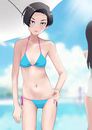 kinomiki, harukawa fuki, lycoris recoil, absurdres, highres, 2girls, arm at  side, bikini, blue bikini, blurry, blurry background, breasts, brown eyes,  brown hair, day, hand on own hip, looking at viewer, multiple girls, navel,  open mouth, outdoors, short hair, side-tie
