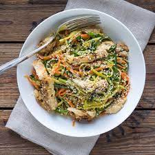 Mealime Thai Chicken Zucchini Noodle Salad With Spicy Almond Sauce Recipe Zucchini Noodles Salad Spicy Almond Sauce Spicy Peanut Sauce