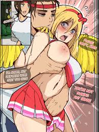 mark gavatino, eren yeager, krista lenz, ymir (shingeki no kyojin), shingeki  no kyojin, highres, 1boy, 2girls, blonde hair, blue eyes, breasts, brown  hair, cheerleader, clothes lift, english text, forced, grabbing  anothers breast,