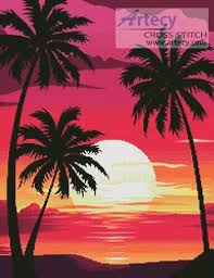 The palm tree was directly drawn on the aida cloth, and then stitched on freehand. Sunset With Palm Trees Cross Stitch Pattern By Tereena Clarke Crosstitch Com