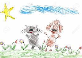 Black dog draw cat vector for kids shiba inu silhouette shiba silhouette dog and cat draw outlined dog cute dog cat vector of loving cat and dog dog playing isolated dog profile icon. Cat And Dog Are Friends Walk On Meadow Child Drawing Stock Photo Picture And Royalty Free Image Image 57668083