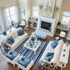 Two Loveseats Two Chairs Tables Behind Loveseats But Where Does The Tv Go Behind T Living Room Furniture Arrangement Blue And White Living Room Blue Rooms