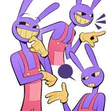 jax (the amazing digital circus), the amazing digital circus, 1boy, colored  skin, gloves, male focus, mmangopudding, multiple views, overalls, pink  overalls, purple skin, rabbit boy, smile, yellow gloves, yellow teeth -  Image