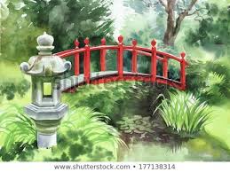 Japanese Style Garden With Red Bridge Surrounded By Thick Growth Japanese Garden Painting Japanese Garden Garden Illustration