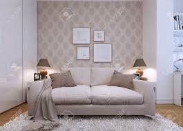 Lustige tapetenmuster werden ihrem wohnzimmer einen besonderen charme verleihen. Beige Sofa Im Wohnzimmer In Einem Modernen Stil Tapeten An Den Wanden Mit Einem Muster Das Kunstwerk An Der Wand 3d Ubertragen Lizenzfreie Fotos Bilder Und Stock Fotografie Image 47410643