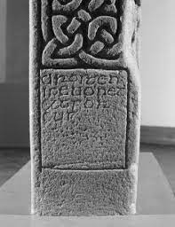 The stone shows a warrior or hunter riding a horse, carrying a spear and round shield, and is accompanied by a small dog. St Vigeans Drosten Stone Canmore