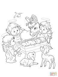 Cute santa, reindeer, nativity, disney christmas coloring pages. Nativity Scene With Cute Angels And Animals Coloring Page Free Printable Colorin Nativity Coloring Pages Precious Moments Coloring Pages Angel Coloring Pages