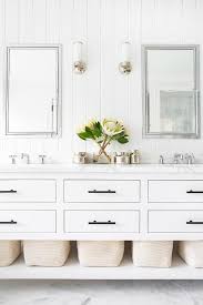A Restoration Hardware Hutton Double Washstand Sits On Marble Floor Tiles And Is Contrasted Wit Custom Furniture Design White Vanity Bathroom Marble Tile Floor