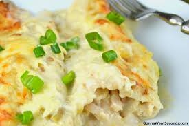 White Chicken Enchiladas With Video Recipe White Chicken Enchiladas Homemade Sour Cream Creamy Chicken Enchiladas