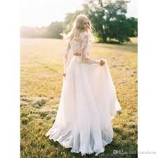 Elegant Two Pieces Lace Wedding Dresses Plus Size Bohemian Long Sleeves Lace Crop Top Chiffon Skirt Beach Country Wedding Gowns Top Wedding Dresses Crop Top Wedding Dress Lace Top Wedding