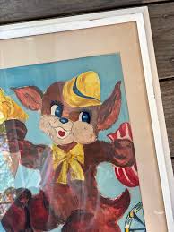 60s VINTAGE Elise Drew Original Art Drawing Painting Signed Animal Carnival  Beige Framed Cartoon Baby Children's Nursery Mid Century 17x22