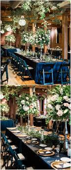 Hanging Greenery Reception Design Wedding Decor Indigo Blue Linens Gold Chargers Rustic Wooden Venu Rustic Wedding Blue Indigo Wedding Indigo Blue Wedding