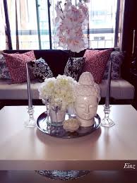 White Silver Coffee Table Decor Hydrangeas Orchids Buddha Head Glass Candle Hol Coffee Table Centerpieces Glass Coffee Table Decor Coffee Table Decor Tray