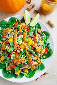 Roasted Pumpkin And Green Bean Quinoa Salad In Thai Peanut Dressing Recipe Green Bean Recipes Pumpkin Salad Green Beans