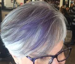 Purple Highlight On Silver Grey Base Gray Hair Highlights Purple Hair Highlights Short Hair Highlights