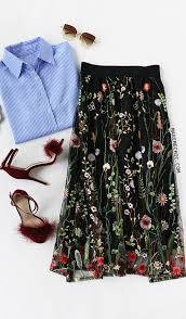 Black Floral Embroidered Mesh Overlay Midi Skirt Black Floral Skirt Fashion Embroidered Clothes