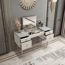 4 Drawer Makeup Vanity Table With Flip Top Mirror White Gray In 2020 Makeup Table Vanity Vanity Table Dressing Table Design